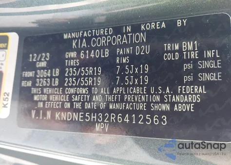 2024 Kia Carnival Mpv Sx Prestige z USA, uszkodzony, nr VIN KNDNE5H32R6412563